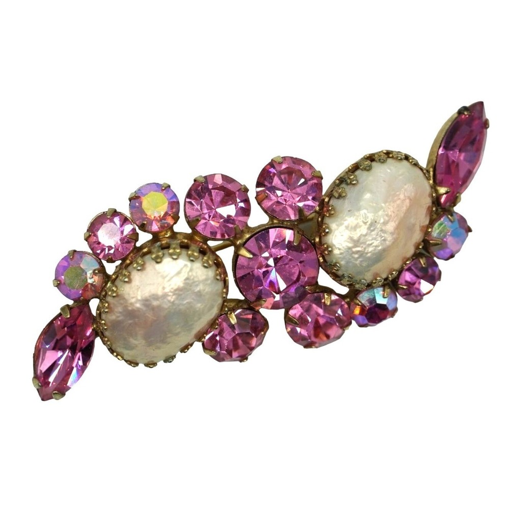 Regency Pink Rhinestone Brooch Faux Baroque Pearl Aurora Borealis Signed Jewelry